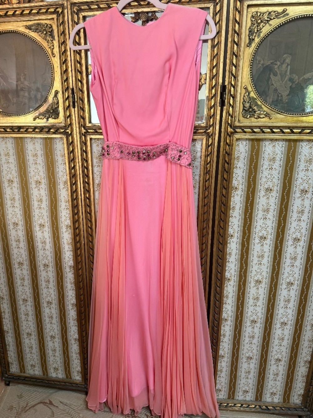 Vintage 160s Mike Benet Formals Melon Pink Rhinstone Belt Sheer Chiffon Gown XS